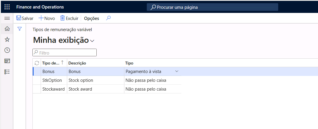Captura de tela dos Tipos de remuneração variável em Human Resources.
