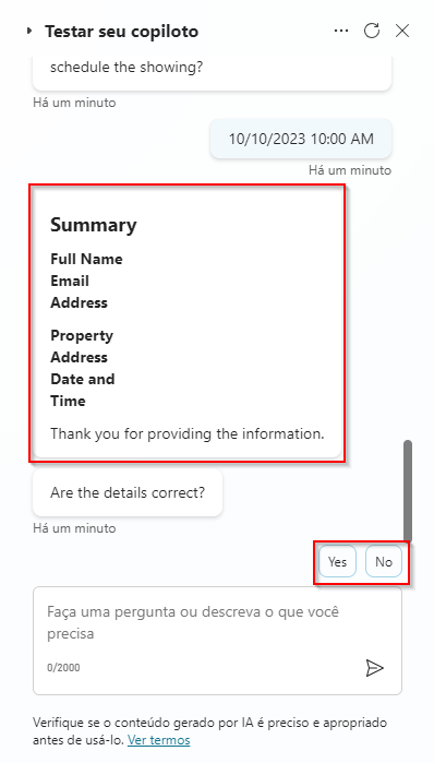 Captura de tela do cartão adaptável com as informações inseridas.