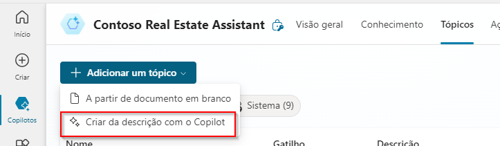 Captura de tela da criação de um tópico a partir da descrição com o Copilot.