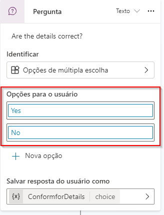Captura de tela do nó da pergunta de múltipla escolha.