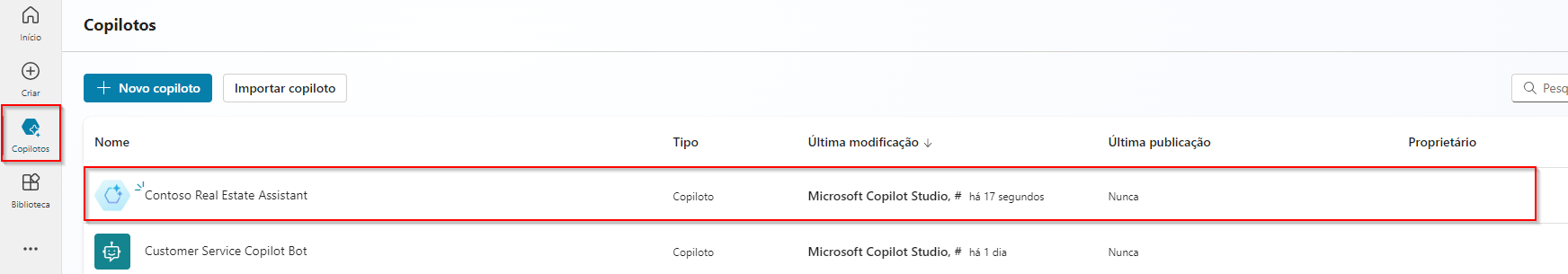 Captura de tela de seleção de um copiloto.