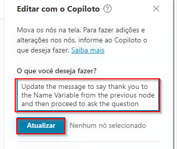Captura de tela da atualização de um nó de pergunta com o Copilot.