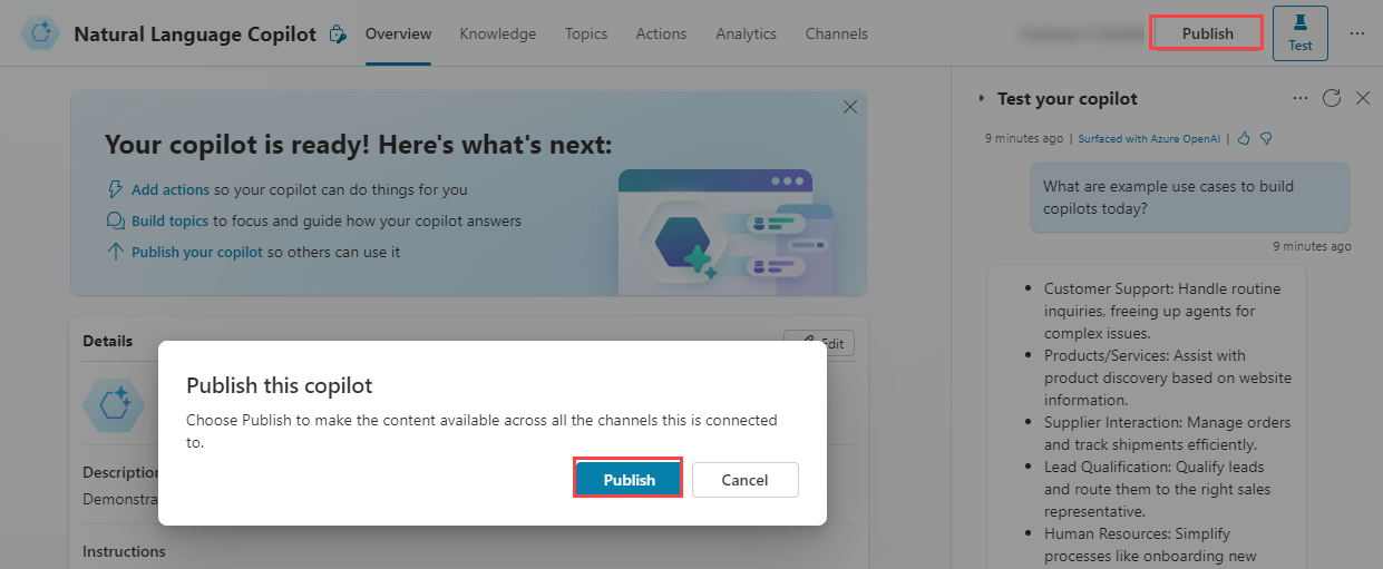 Captura de tela da caixa de diálogo de publicação.