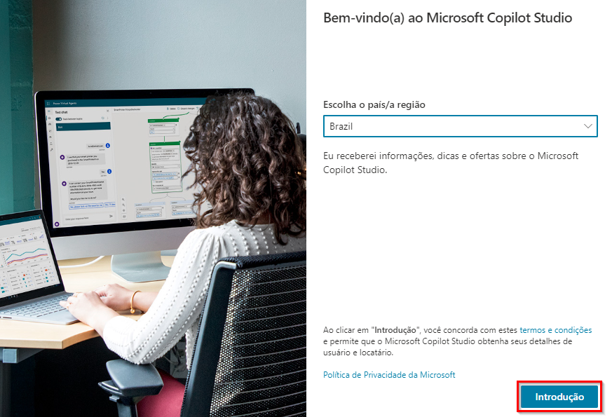 Captura de tela da caixa de diálogo de avaliação Bem-vindo ao Microsoft Copilot Studio.