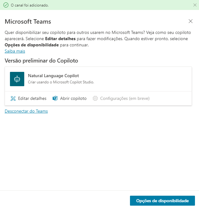 Captura de tela da caixa de diálogo do canal do Teams.