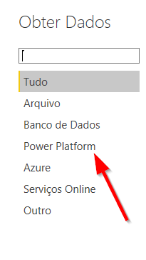 Opções de obtenção de dados com uma seta apontando para a opção Microsoft Power Platform.