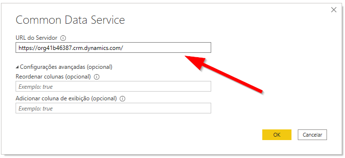 Caixa de diálogo do Dataverse com uma seta apontando para o valor URL do Servidor.