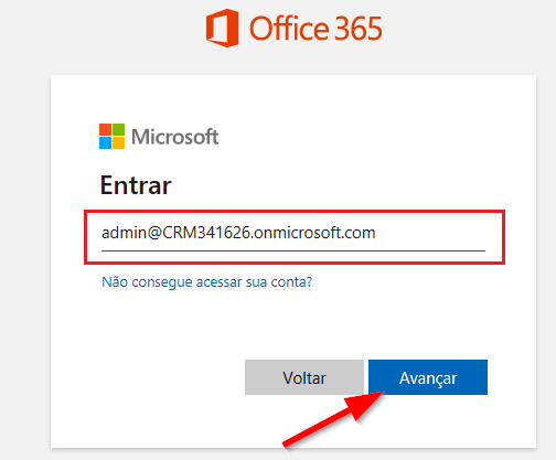 Insira o nome do usuário com uma seta para o botão Avançar.