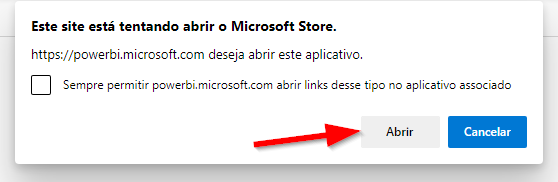 Caixa de diálogo Este site está tentando abrir a Microsoft Store com uma seta apontando para o botão Abrir.