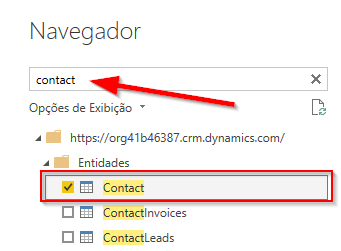 Caixa de pesquisa Navegador com os resultados da pesquisa de contato mostrando as tabelas que começam com contato.