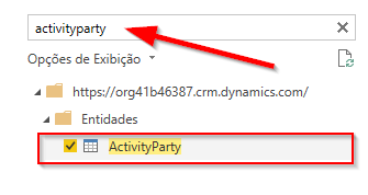 Caixa de pesquisa Navegador com os resultados da pesquisa de activityparty mostrando a tabela ActivityParty selecionada.