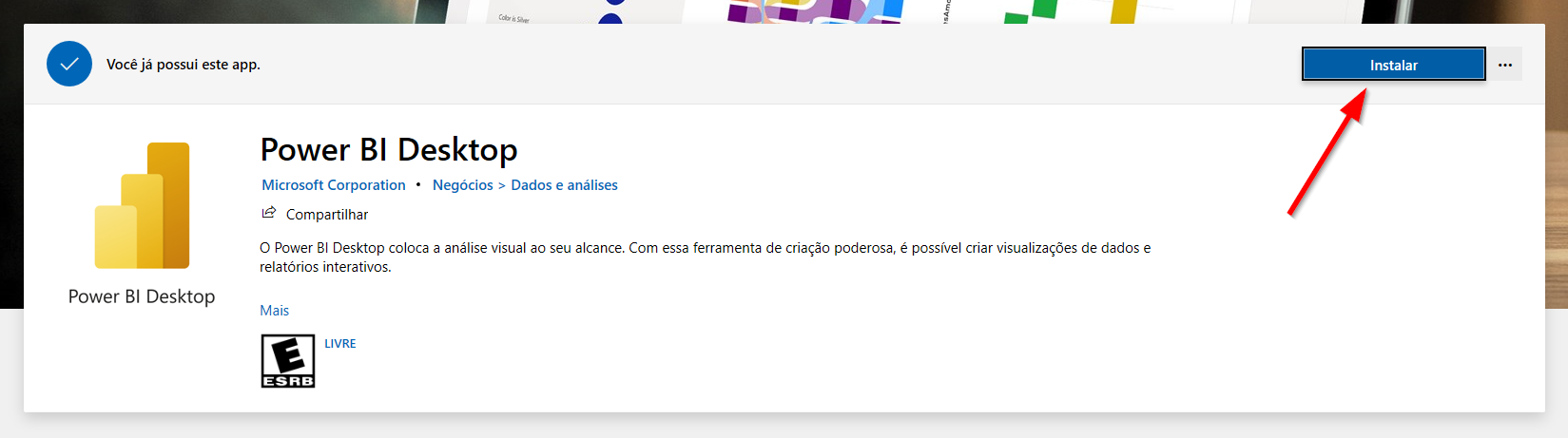 Instale o Power BI com uma seta apontando para o botão Instalar.