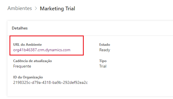 Localize a URL no painel Detalhes do ambiente.