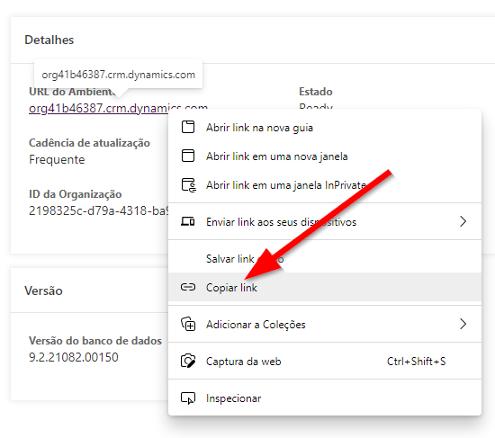 URL clicada com o botão direito do mouse com uma seta apontando para a opção Copiar link.