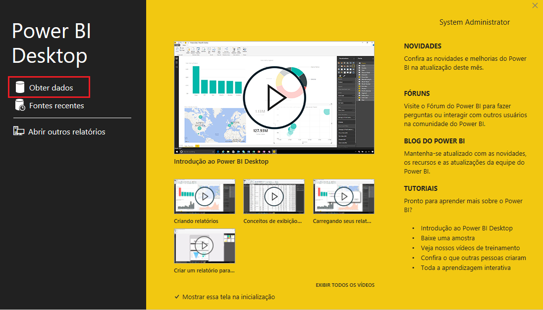 Power BI desktop com o botão Obter dados realçado.