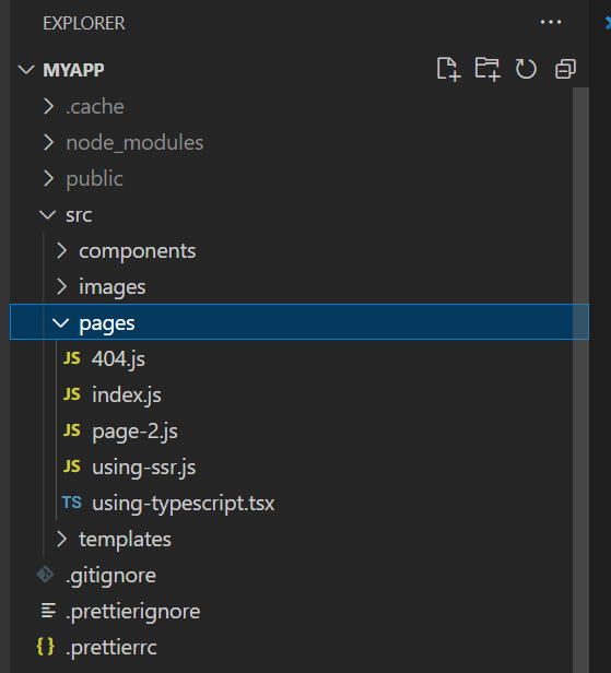 Screenshot of the pages folder in VS Code.