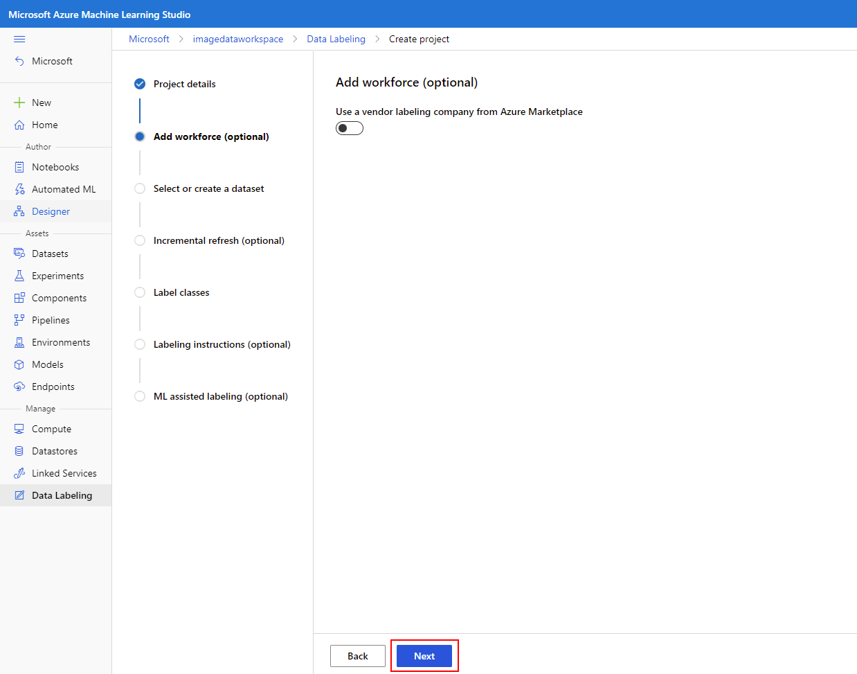 Captura de tela mostrando a opção Adicionar força de trabalho desabilitada.