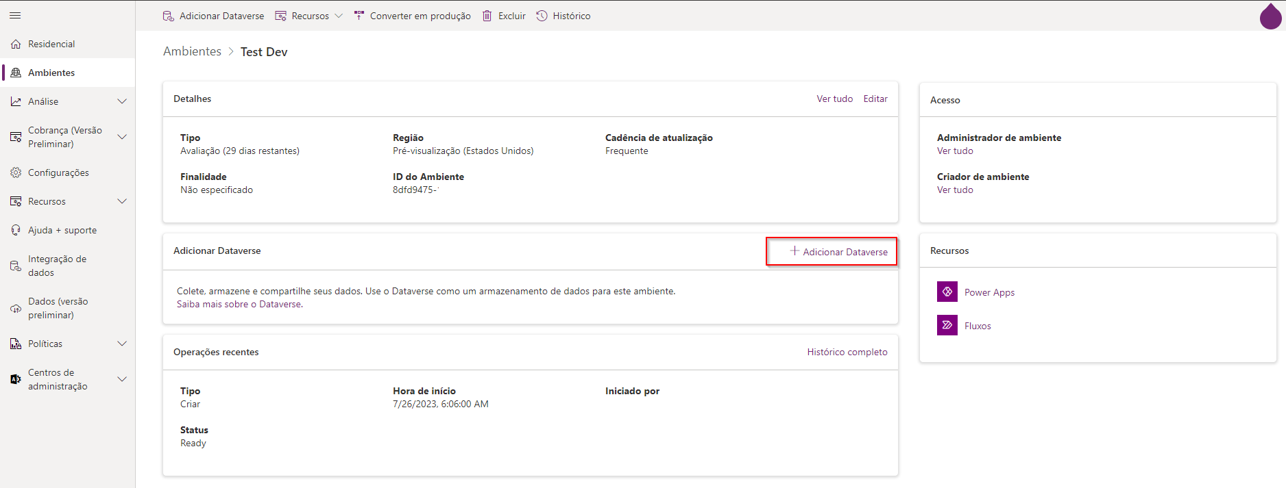 Captura de tela da opção Ambientes do Portal com o botão Adicionar banco de dados.