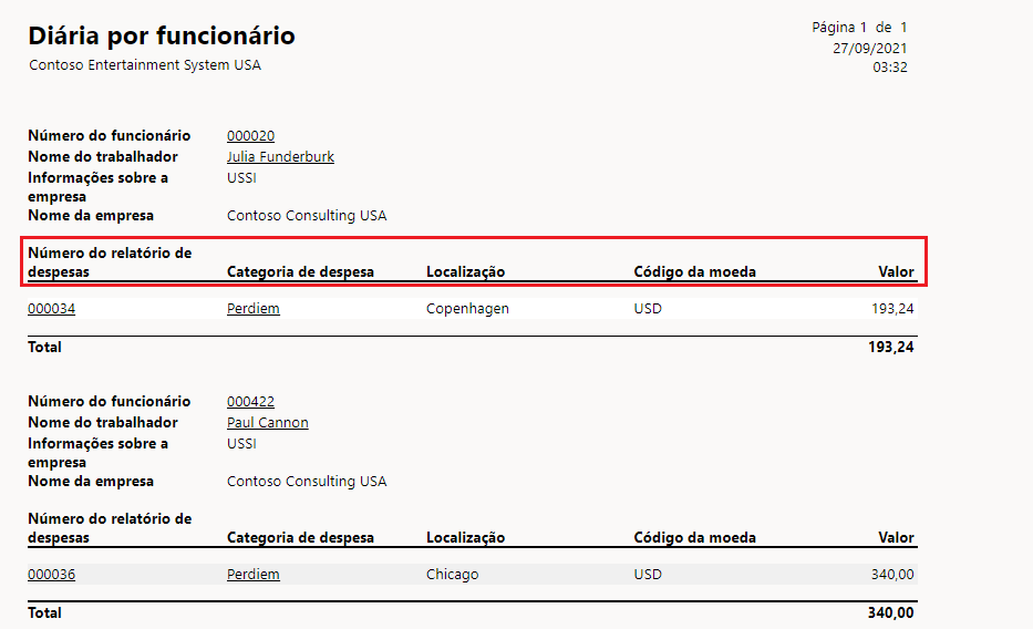 Captura de tela de um relatório de diária por funcionário.
