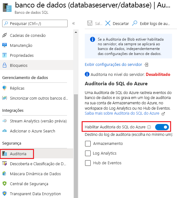 Screenshot that shows how to turn on auditing for Azure SQL databases.