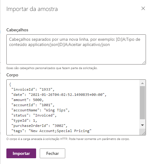 Captura de tela dos detalhes das propriedades de importação de resposta.