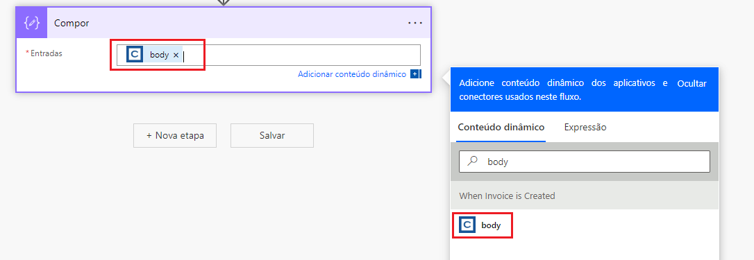 Captura de tela do campo Entradas e corpo do painel de Conteúdo dinâmico.