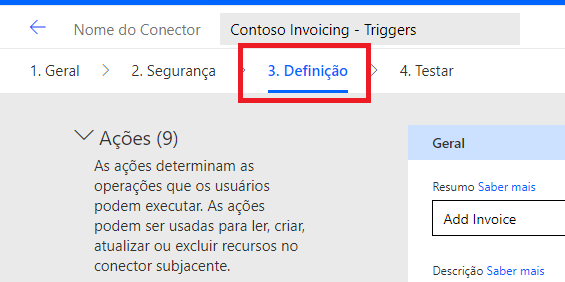 Captura de tela da guia Definição selecionada.