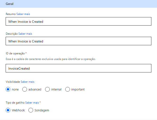 Captura de tela dos novos valores de gatilho para Resumo, Descrição, ID da operação e Tipo de gatilho.