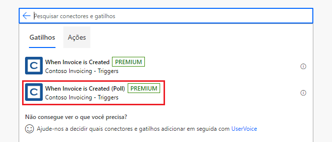 Captura de tela de uma seta apontando para um gatilho do conector personalizado.