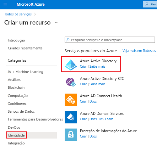 Screenshot that shows the create link for Microsoft Entra ID under Azure services.