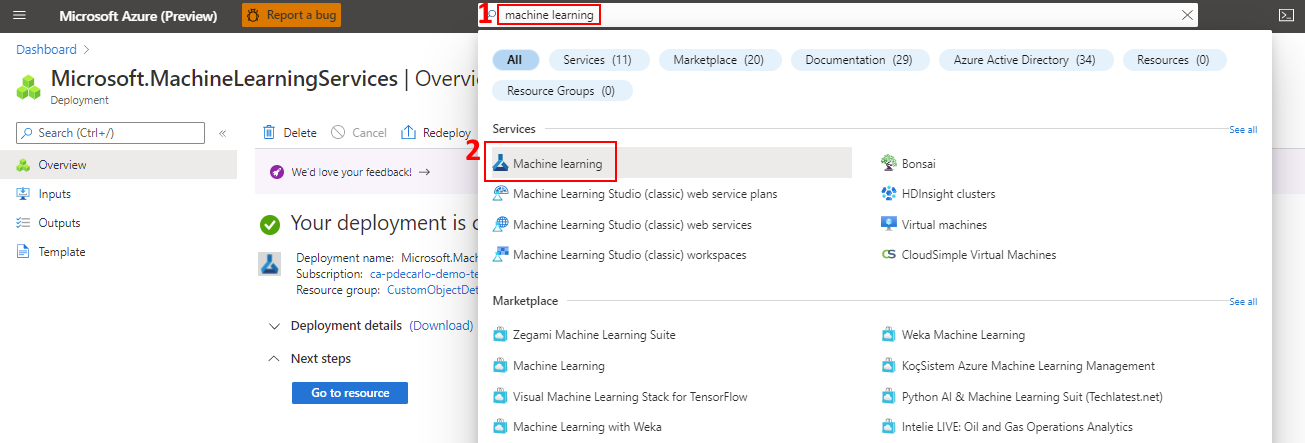 Uma captura de tela que demonstra como navegar até o recurso do Azure Machine Learning.