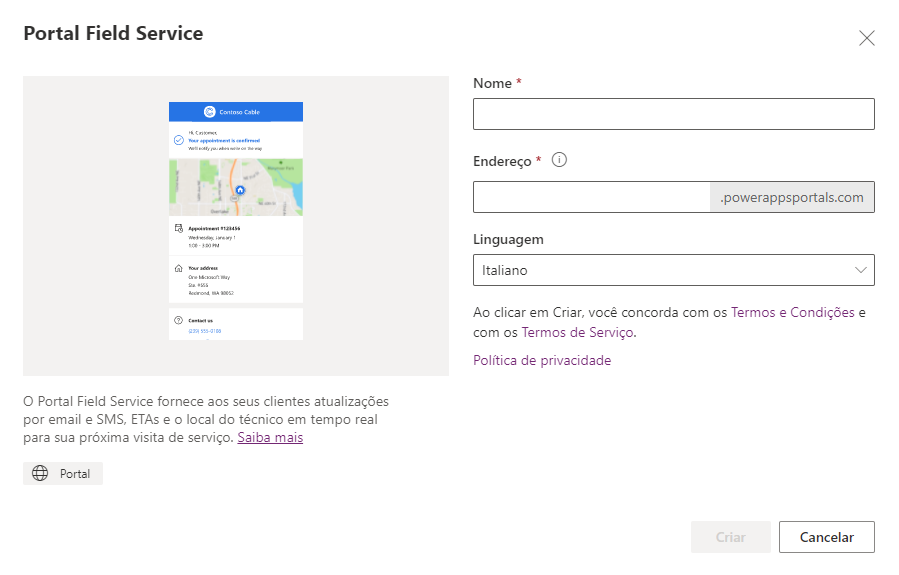 Captura de tela mostrando a nova caixa de diálogo do portal.