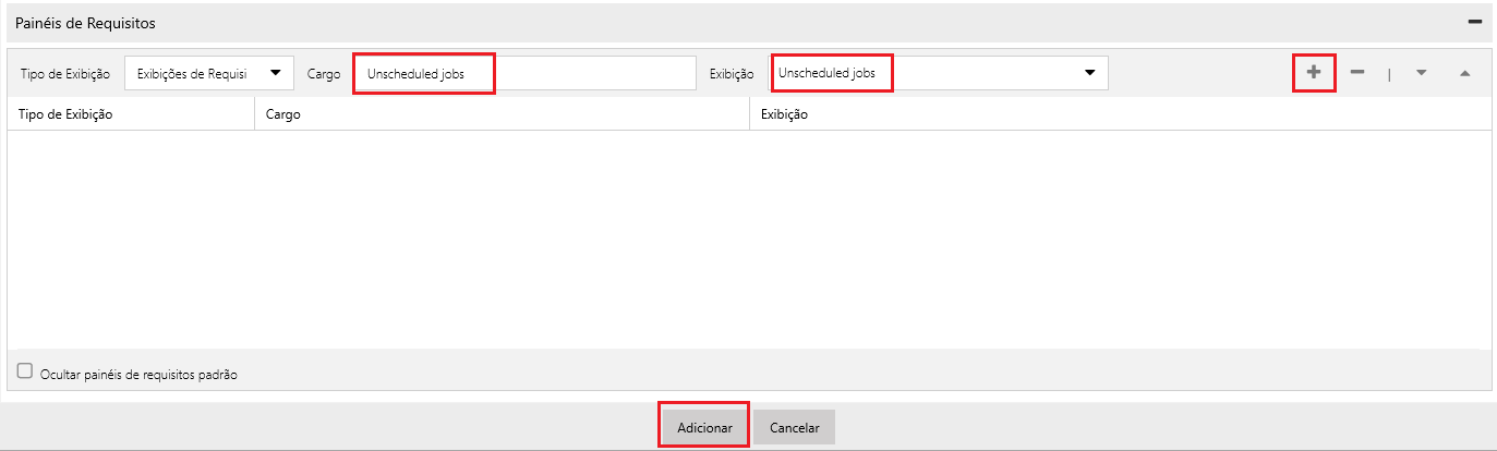 Captura de tela das configurações dos Painéis de Requisitos no quadro de agendamento.