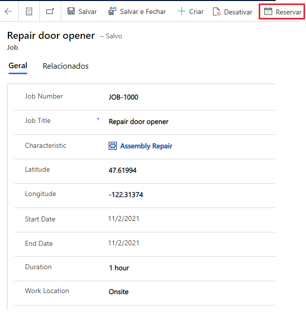 Captura de tela do botão Reservar em um registro.