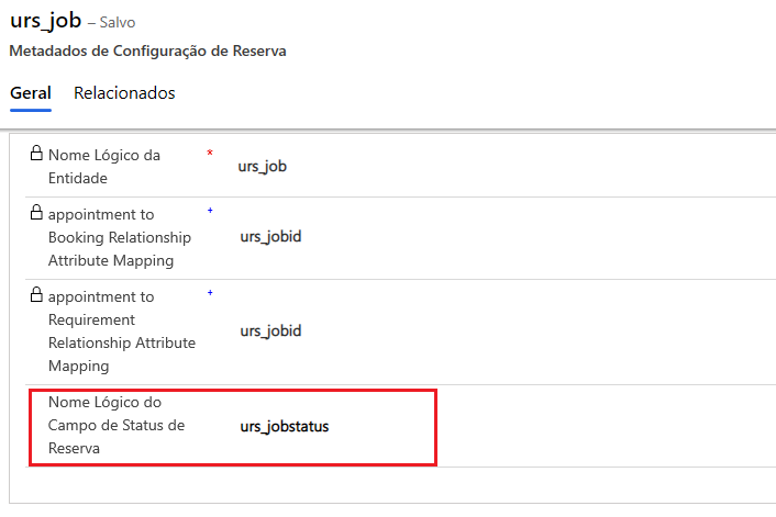 Captura de tela da opção Nome Lógico do Campo de Status de Reserva na seção Metadados de Configuração de Reserva.