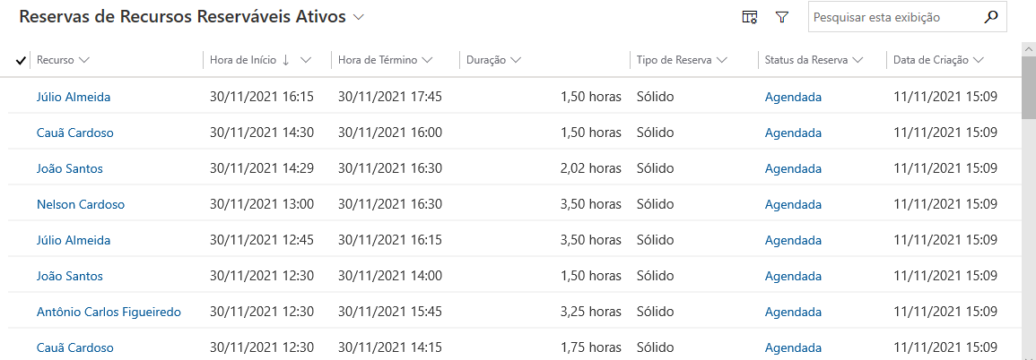 Captura de tela mostrando os status de reserva disponíveis.