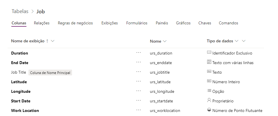 Captura de tela das colunas necessárias para uma tabela agendada com o Agendamento de Recursos Universal.