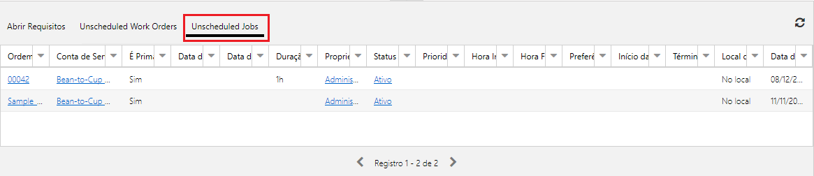 Captura de tela do painel de requisitos no quadro de agendamento.