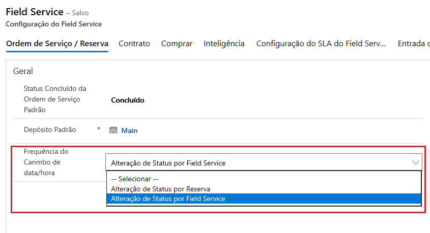 Captura de tela da opção Frequência de Carimbo de Data/Hora.