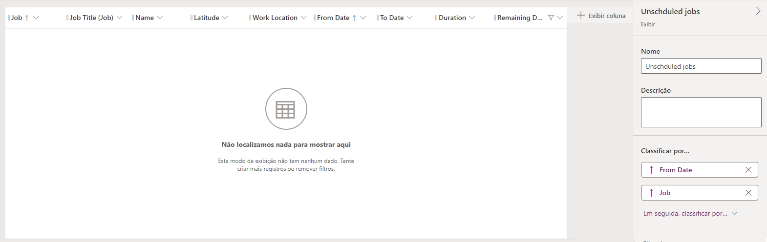 Captura de tela das colunas de exibição de requisitos de recursos.