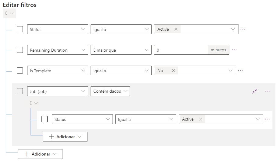 Captura de tela do filtro de exibição de requisitos de recursos.