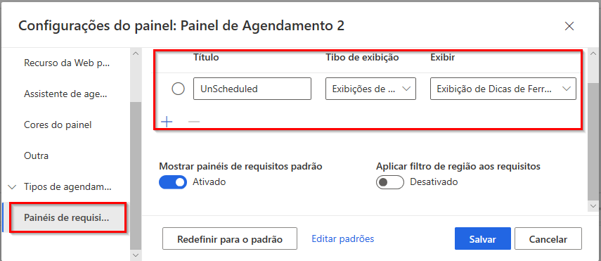 Captura de tela de adição de uma exibição de Painéis de requisitos.