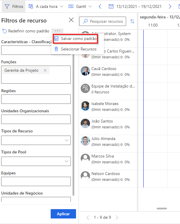 Captura de tela da aplicação de filtros a um quadro de agendamento.