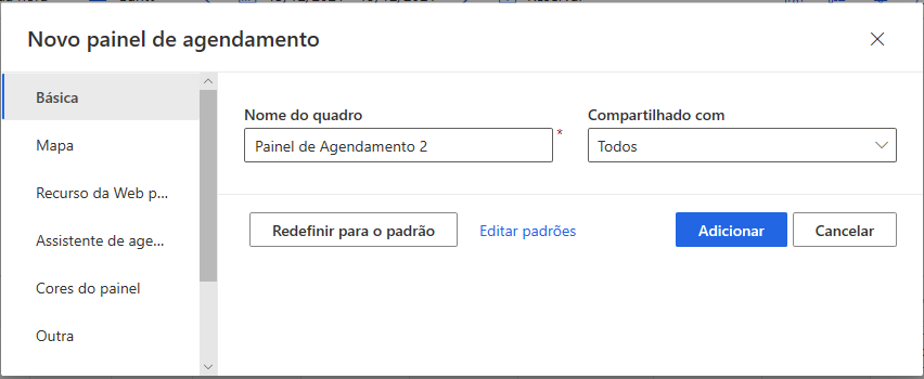 Captura de tela da caixa de diálogo Novo quadro de agendamento.
