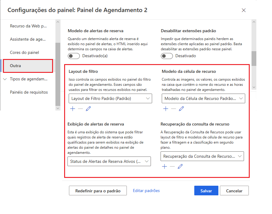 Captura de tela da área Outros nas configurações do quadro de agendamento.