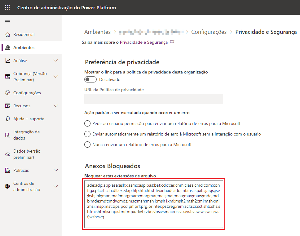 Captura de tela da seção Privacidade + Segurança para o ambiente.