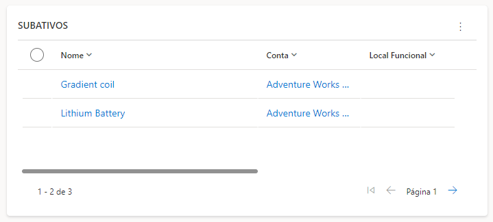 Captura de tela da seção Subativos em um ativo do cliente.