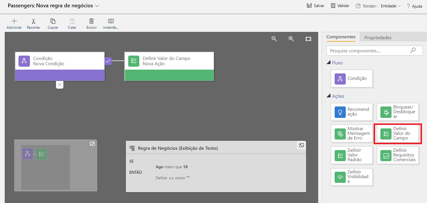 Captura de tela da guia Componentes com a ação Definir Valor do Campo.