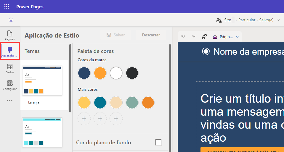 Captura de tela do espaço de trabalho Aplicação de Estilo que permite aos usuários definir os temas e a paleta de cores.