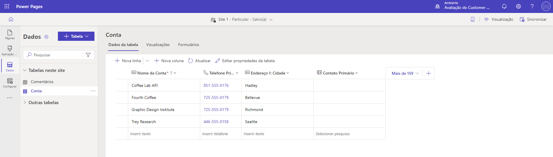 Captura de tela do designer de tabela do espaço de trabalho Dados que permite aos usuários adicionar dados a sua página.